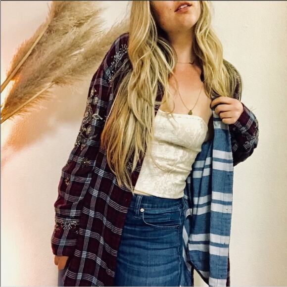 FP FREE PEOPLE Silver Sequin Bead Oversized Red Flannel Plaid Button Shirt XS - Picture 5 of 16